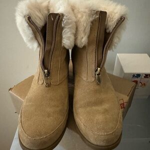 Furry stacked heel suede booties